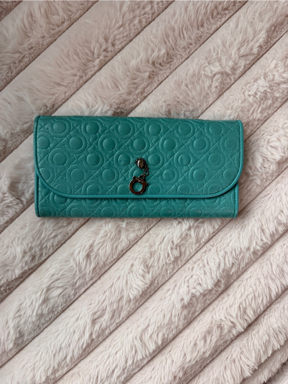 Salvatore Ferragamo Teal Quilted Leather Wallet with Signature Gancini Charm